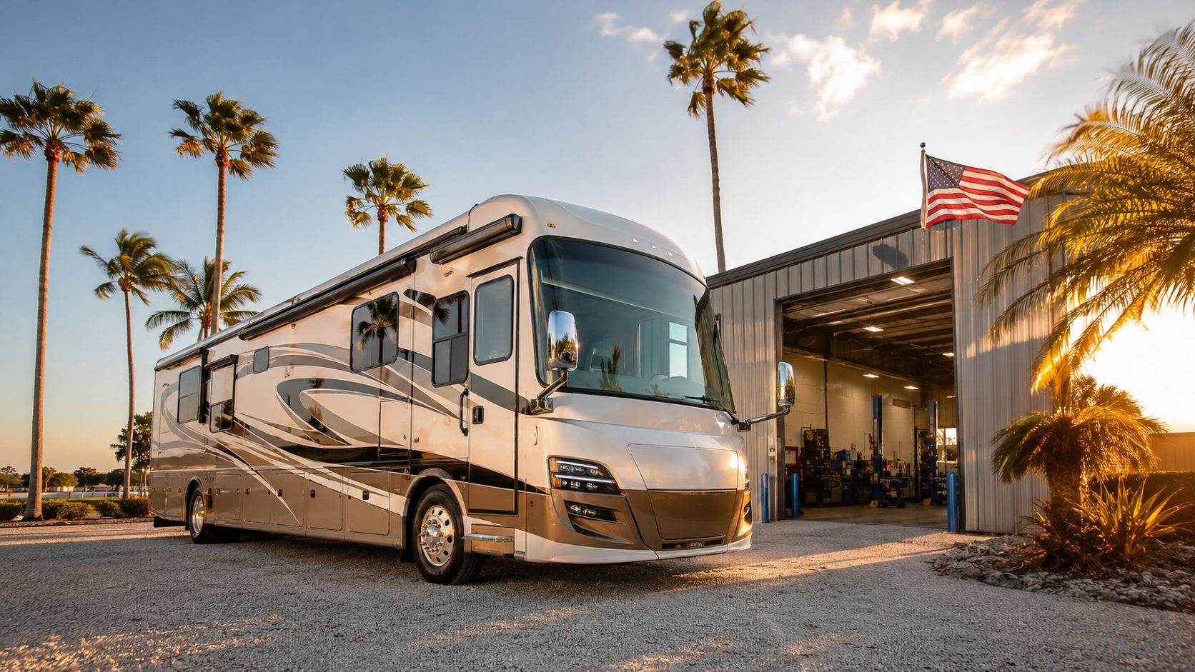 White Class A luxury motorhome at golden hour outside a Florida RV service shop