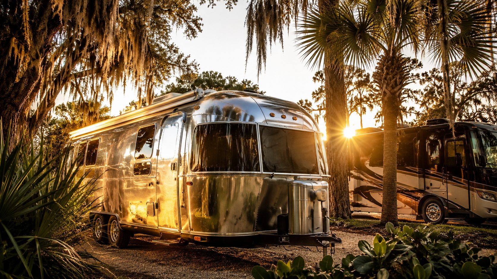 Vintage chrome Airstream trailer at Florida campsite with modern motorhome at golden hour