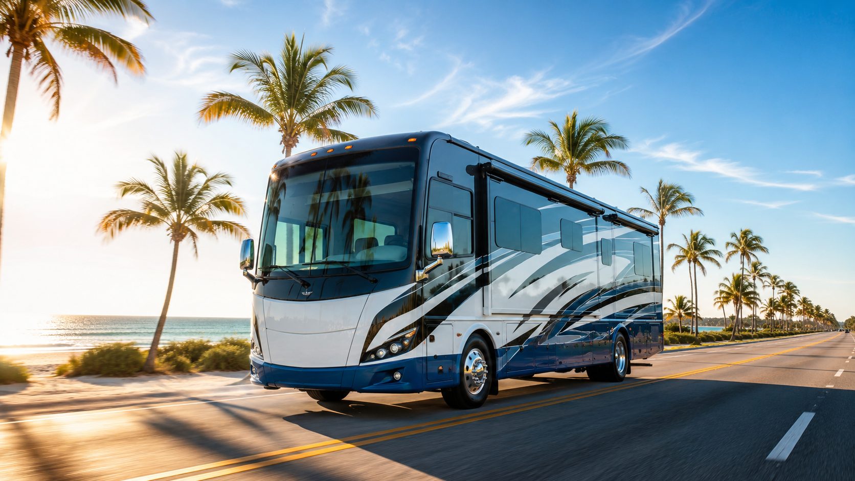 Luxury Class A motorhome driving along a sunlit Florida coastal highway lined with palm trees