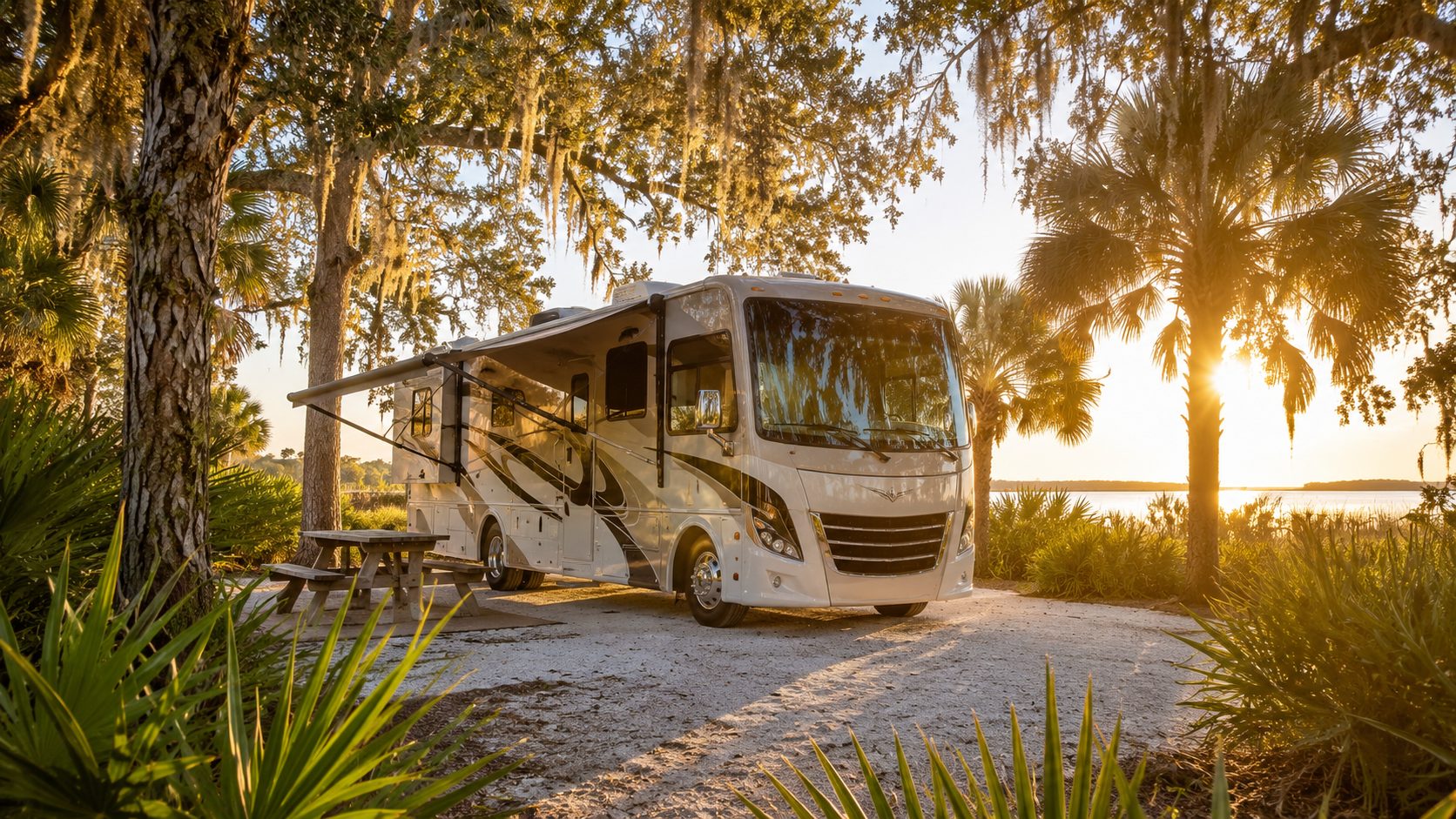 Motorhome parked at a Florida campground under live oaks and palm trees at golden hour